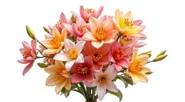 Parlak pembe, şeftali, turuncu ve beyaz zambak dekoru, kartlar, reklamlar ve dekor kullanımı için uygun, temiz beyaz bir zemin üzerinde yeşil saplı düzenlenmiş.