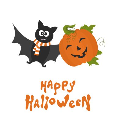 Mutlu Cadılar Bayramı kartı sevimli çizgi kabak ve yarasa.