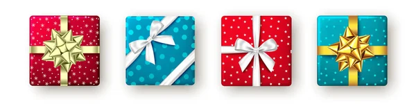 Boîte Cadeau Rouge Dorée Bleue Avec Ruban Arc Vue Dessus — Image vectorielle