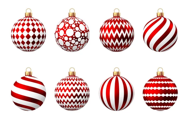 白い背景に隔離されたパターンを持つ赤いクリスマスボール クリスマスツリーの装飾 ベクトルバブルセット — ストックベクタ