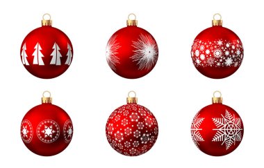 Beyaz arka planda izole edilmiş gerçekçi kırmızı Noel topları. Noel ağacı süslemesi. Vektör mücevher koleksiyonu.