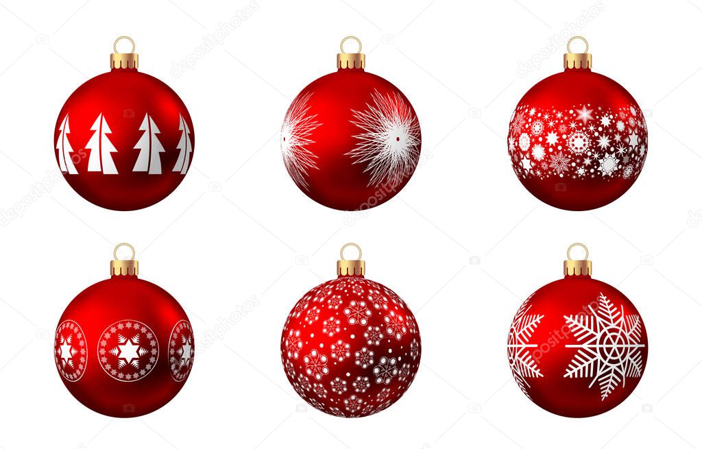 Realistic  red   Christmas  balls  with pattern  isolated on white background. Xmas  tree decoration. Vector bauble collection.