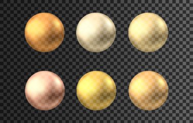 Altın küre. Yağ kabarcığı siyah arkaplanda izole edildi. Altın parıltılı 3D top ya da değerli inci. Sarı serum ya da kolajen damlası. Cilt kozmetik paketi için vektör dekorasyon ögesi. 