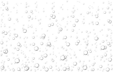 Oksijen hava kabarcıkları beyaz zemin üzerinde suda akar. Deniz kıvılcımları, akvaryum. Gazoz. - Şampanya. Fışkırtıcı tablet. Denizaltı vektör dokusu.