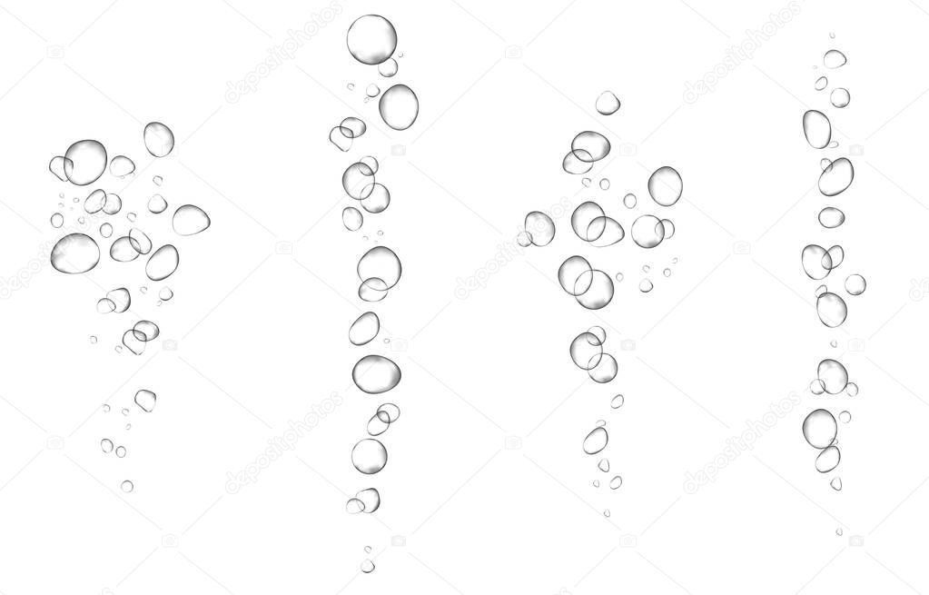 Oxygen air bubbles  flow  in water on white  background. Fizzy sparkles in sea, aquarium. Soda pop. Champagne. Effervescent tablet. Undersea vector texture.