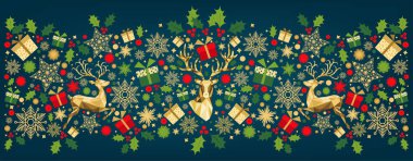 Noel desenle yazı ve altın, kırmızı, yeşil, beyaz ağacı süsle. Mutlu yeni yıl mavi arka plan. Altın Xmas geyik ve kar taneleri. Vektör renkli şablonu için tebrik kartı.