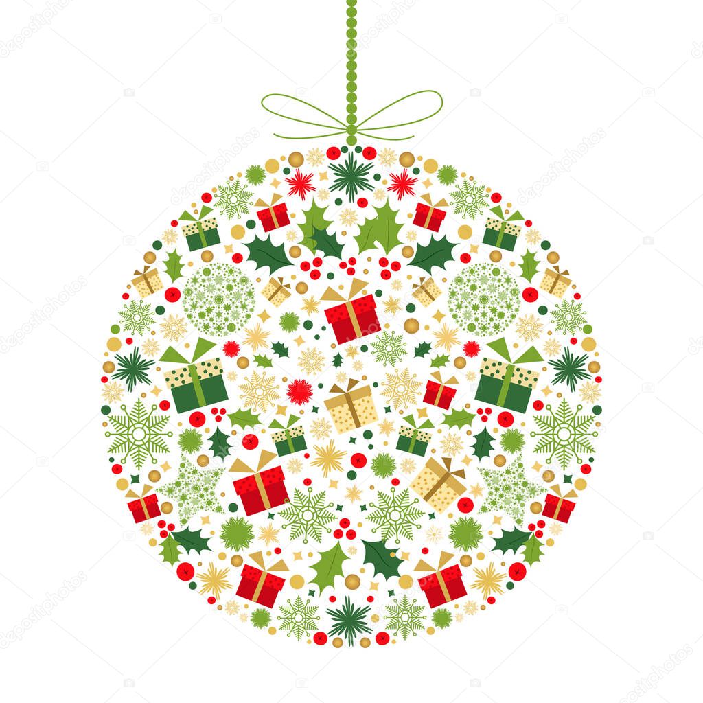 Colorful  Christmas ball.  Golden, red, green, white  decoration. Happy New Year background. Gold Xmas  reindeer, gifts,  snowflakes. Vector template  for greeting  card.