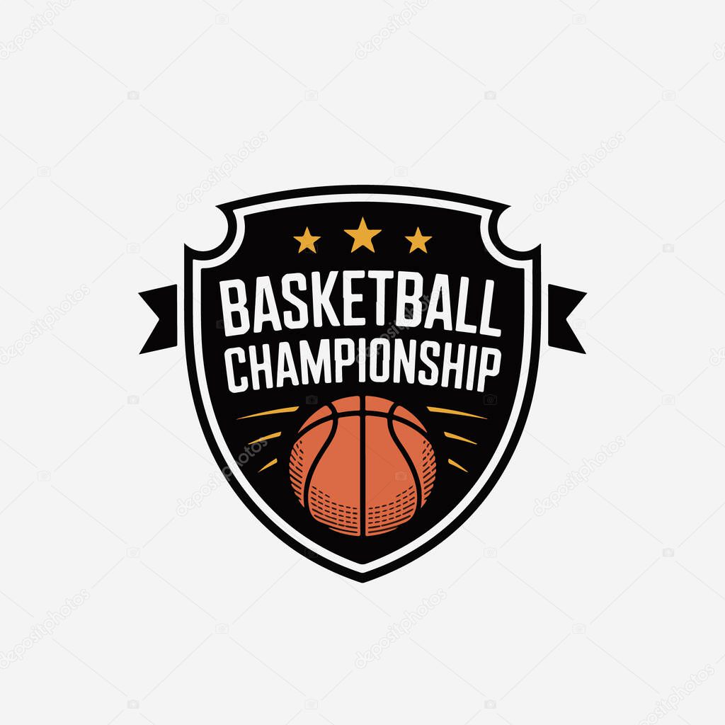 Vector art of basketball championship emblem with a basketball and stars