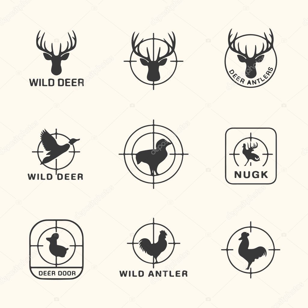 Vector art of collection of nine hunting and wildlife emblems featuring deer, ducks, and roosters, each presented in a circular or square format with a clean, modern design, isolated on a