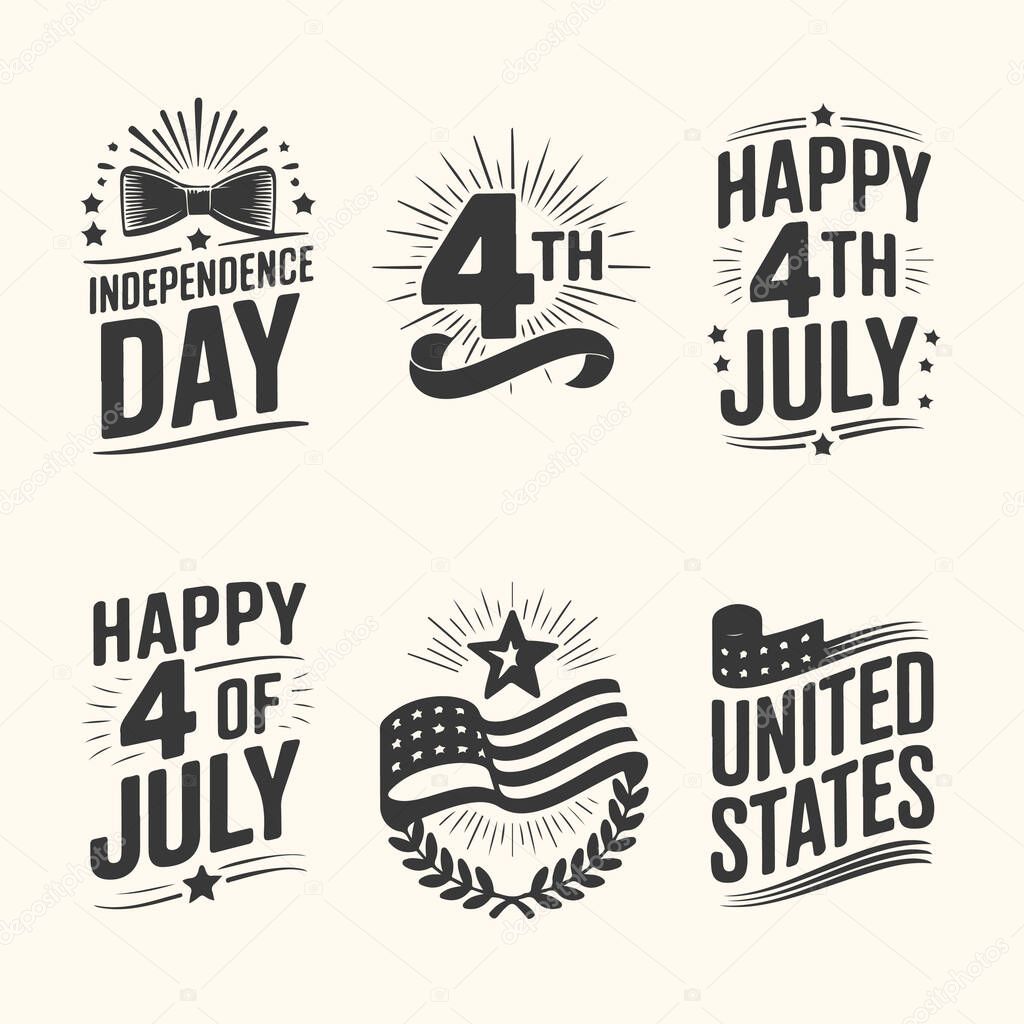 Vector art of collection of six black and white graphic design elements celebrating american independence day, featuring text and symbols like the american flag, bow tie, and stars, perfect for holiday decorations and patriotic themes