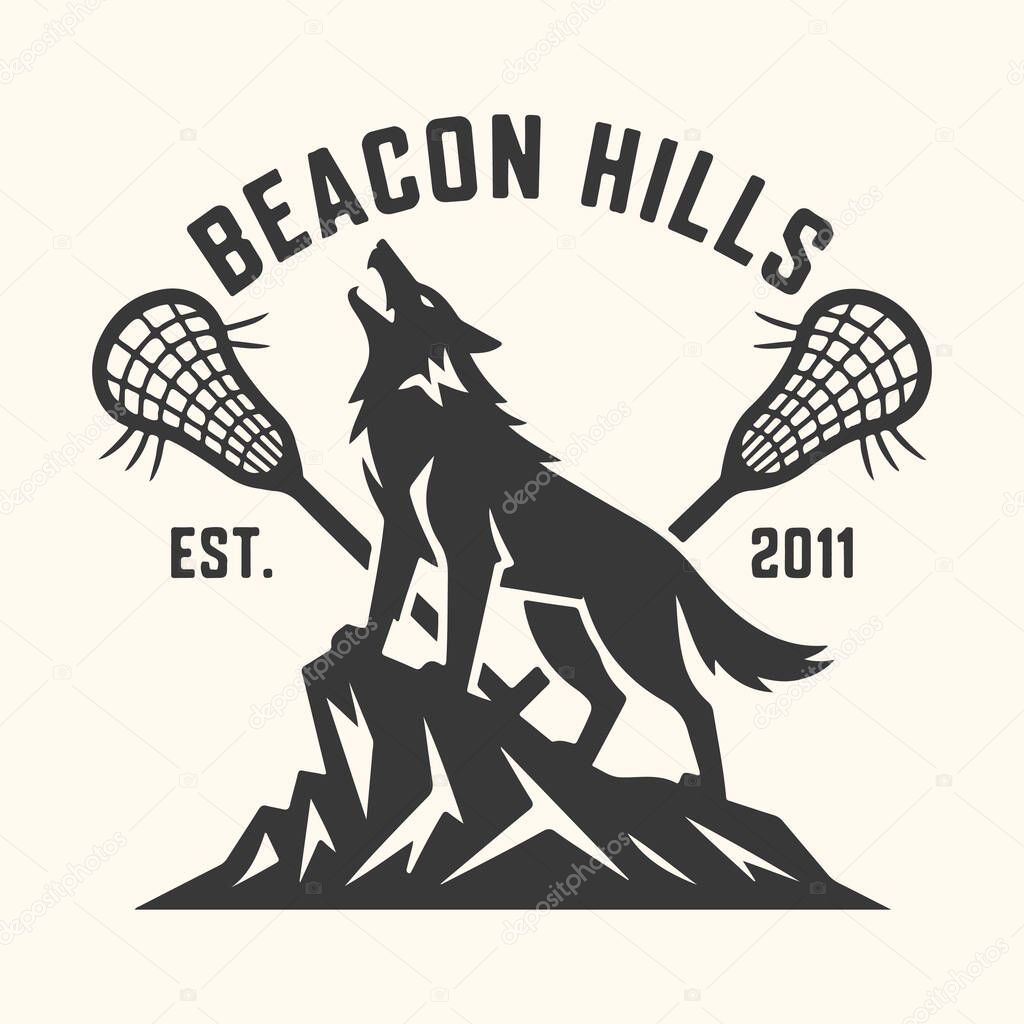 Vector art of beacon hills lacrosse team logo featuring a howling wolf on a rock with crossed lacrosse sticks