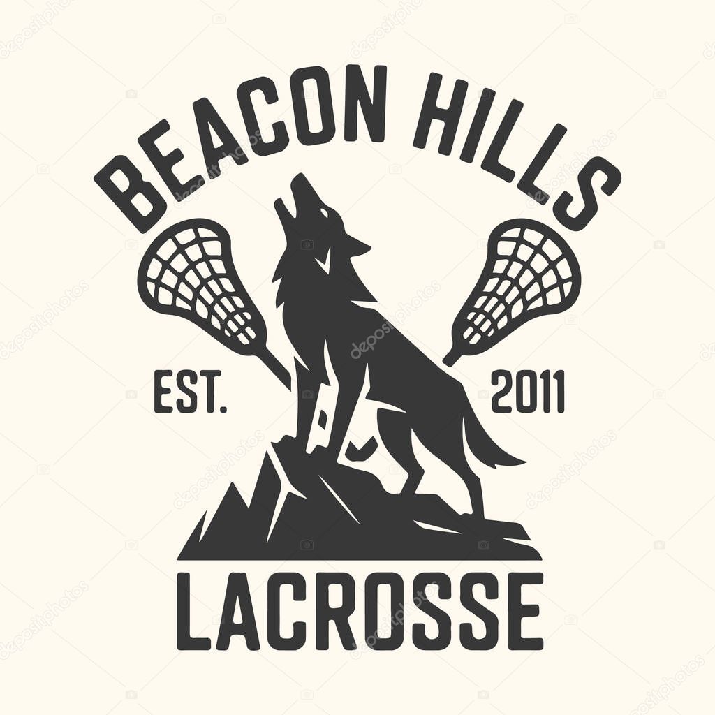 Vector art of beacon hills lacrosse team logo with wolf and crossed lacrosse sticks, est 2011