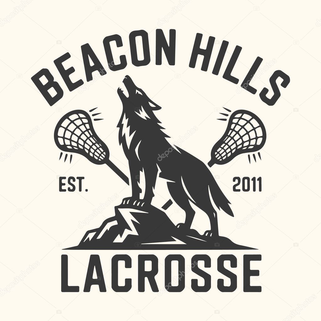 Vector art of beacon hills lacrosse logo with a howling wolf on rocks and crossed lacrosse sticks, est 2011