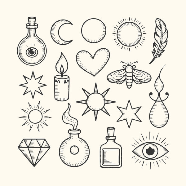 Vector art of collection of handdrawn mystical and occult symbols, including potions, celestial bodies, and magical elements