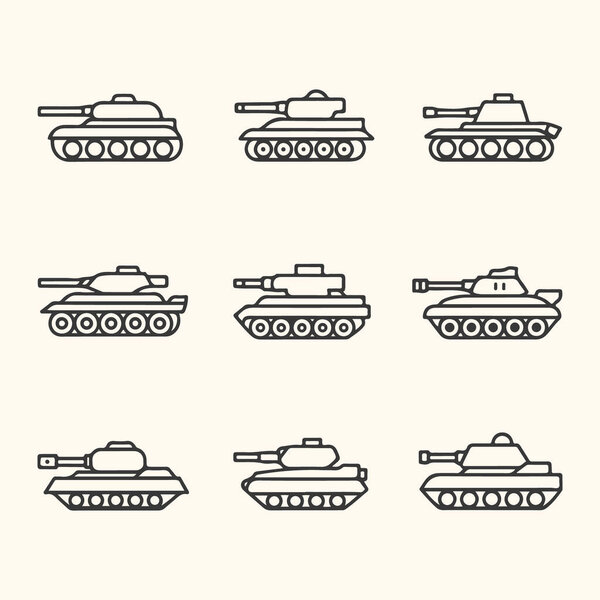 Vector art of set of nine different tank icons in a grid, isolated on a light cream background