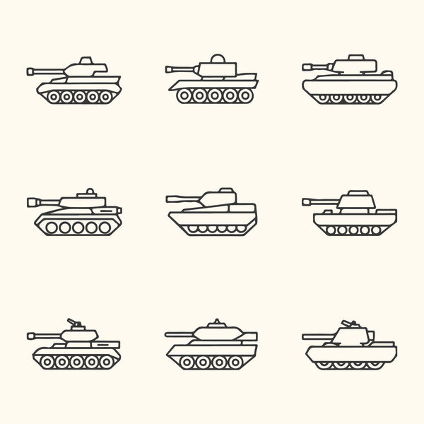 Vector art of collection of nine different stylized tank icons in a grid layout, isolated on a light cream background
