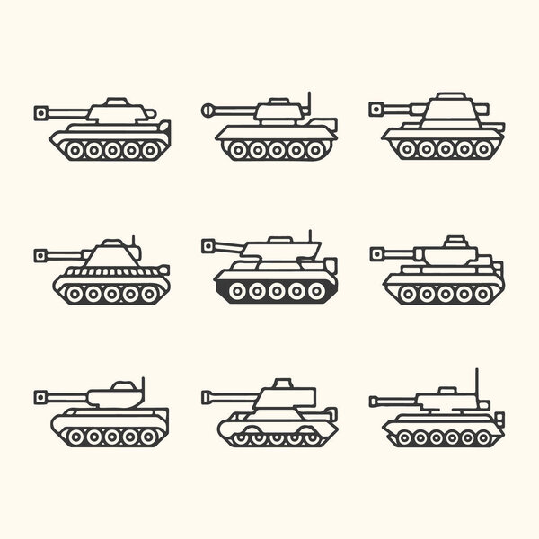 Vector art of collection of nine different tank outlines on a light beige background, military vehicles