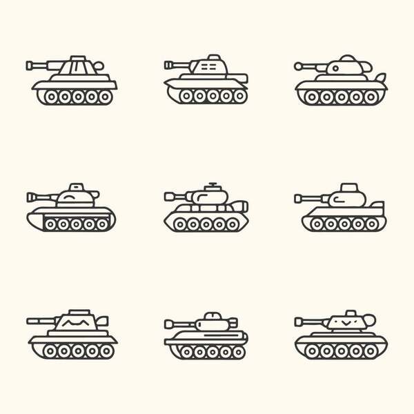 Vector art of collection of nine different tank icons in a grid, military vehicle illustrations
