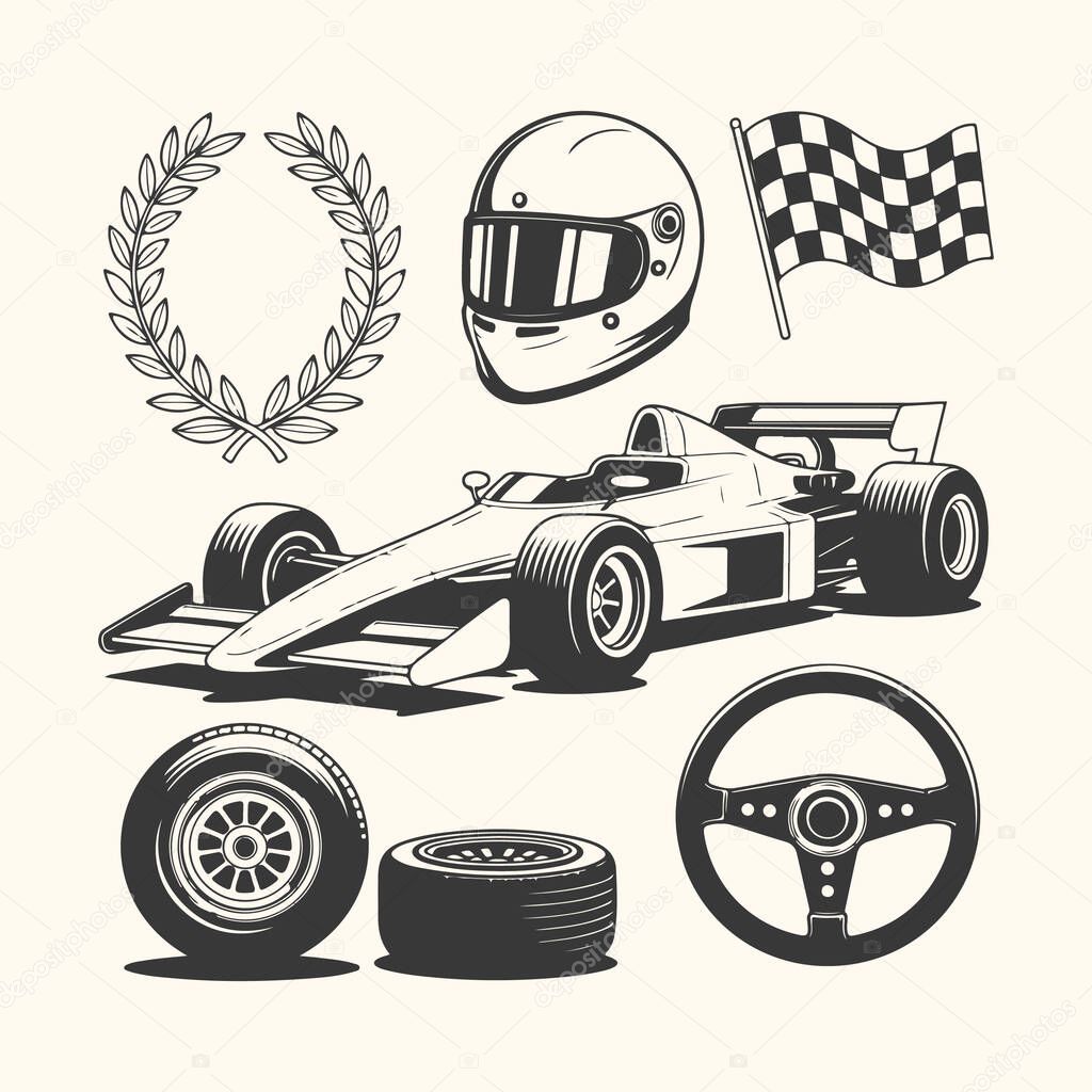 Vector art of set of racing elements including a formula 1 car, helmet, checkered flag, laurel wreath, steering wheel, and tires