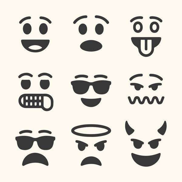 Векторное искусство коллекции из девяти различных эмодзи лиц с различными выражениями, включая счастливые, удивленные, глупые, злые и крутые