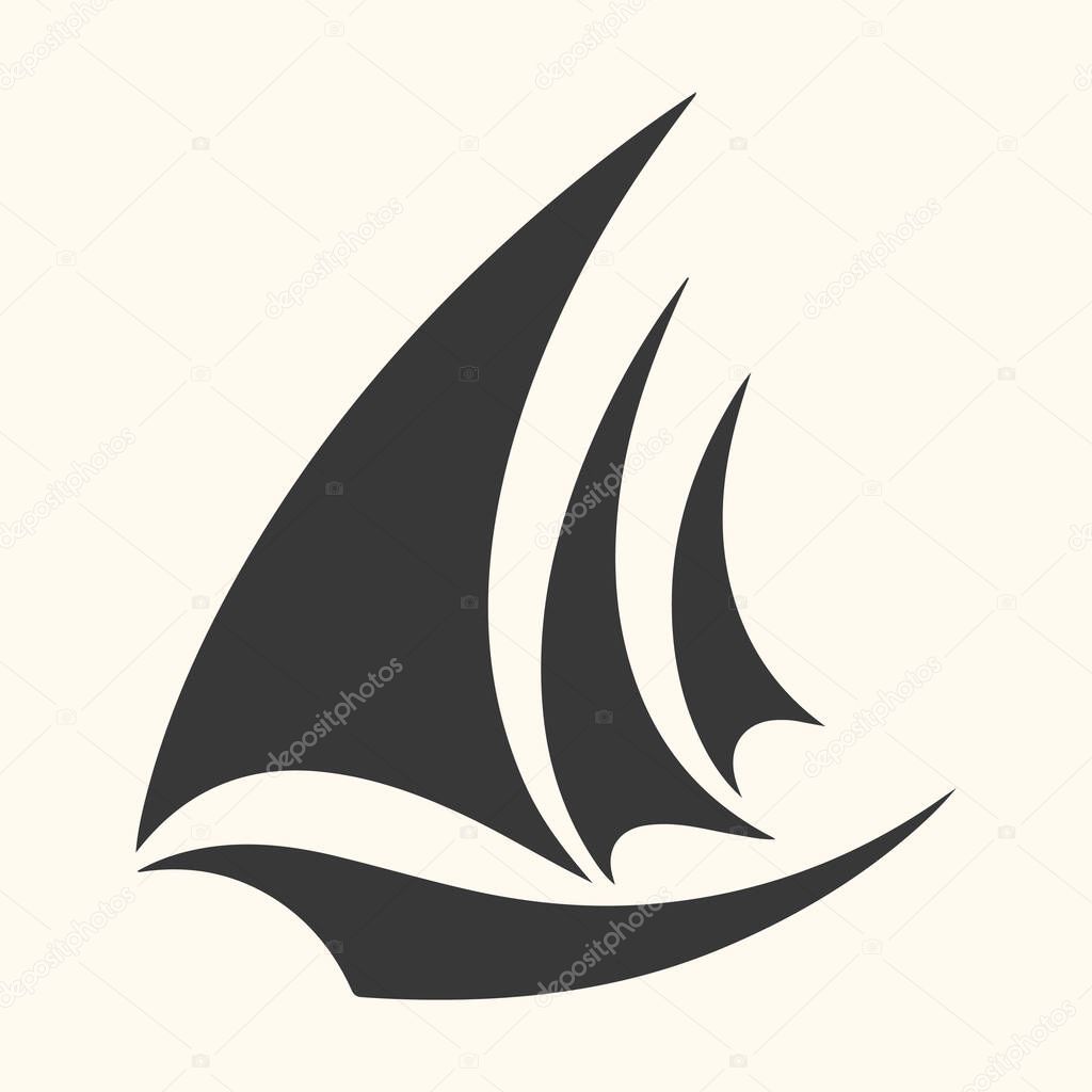 Stylized silhouette of a sailboat with three sails against a light background