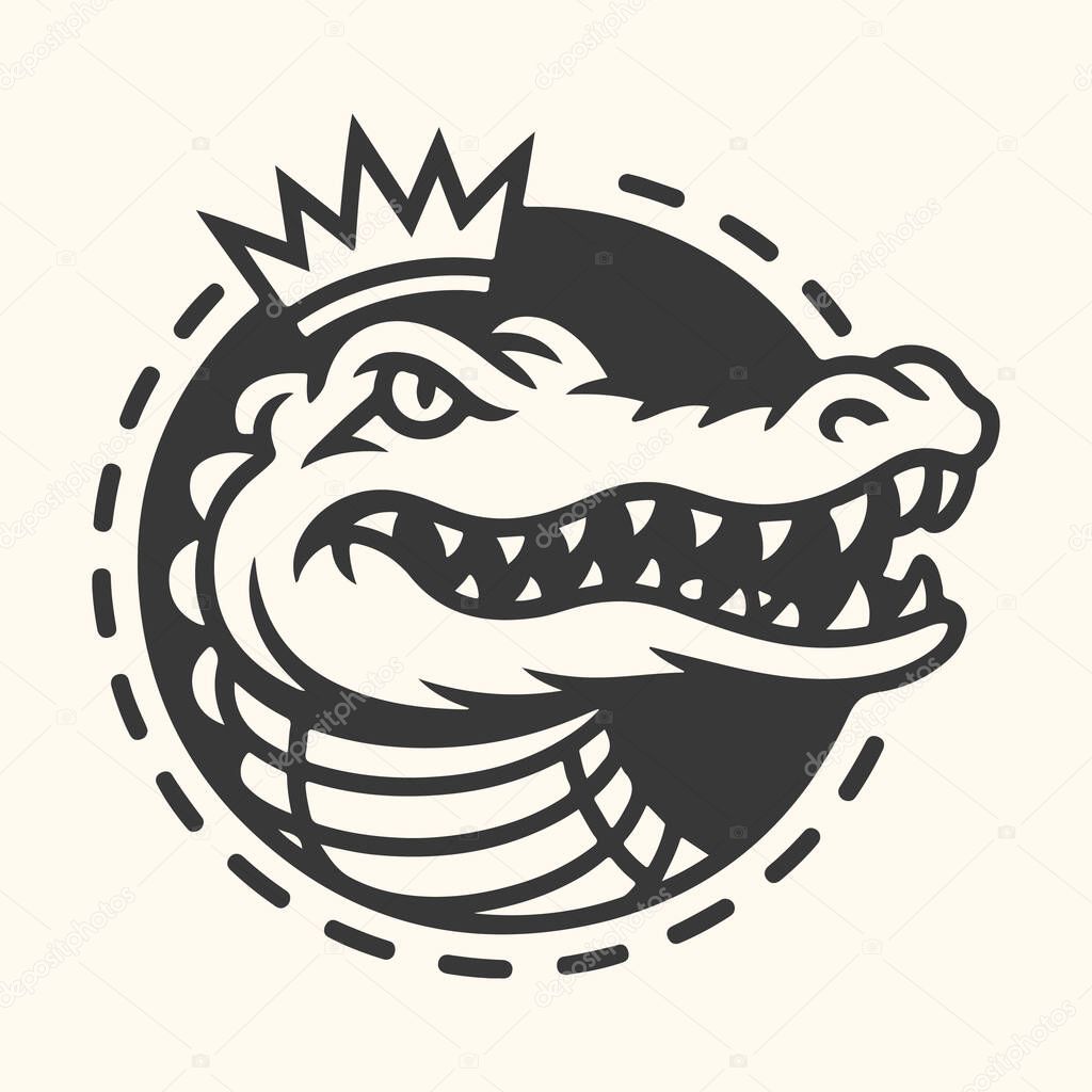 Stylized illustration of an alligator wearing a crown, depicted in a circular emblem with dashed border