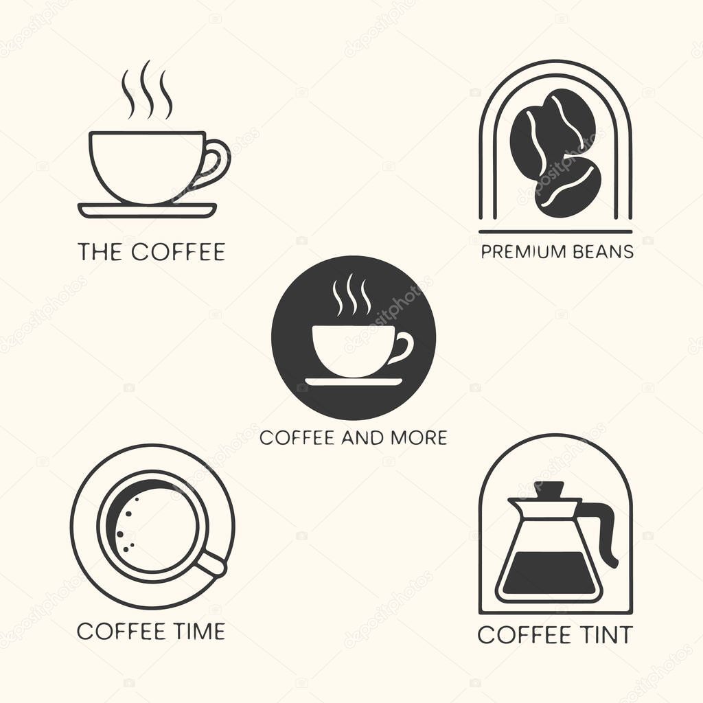 Collection of five minimalist coffee related icons and logos