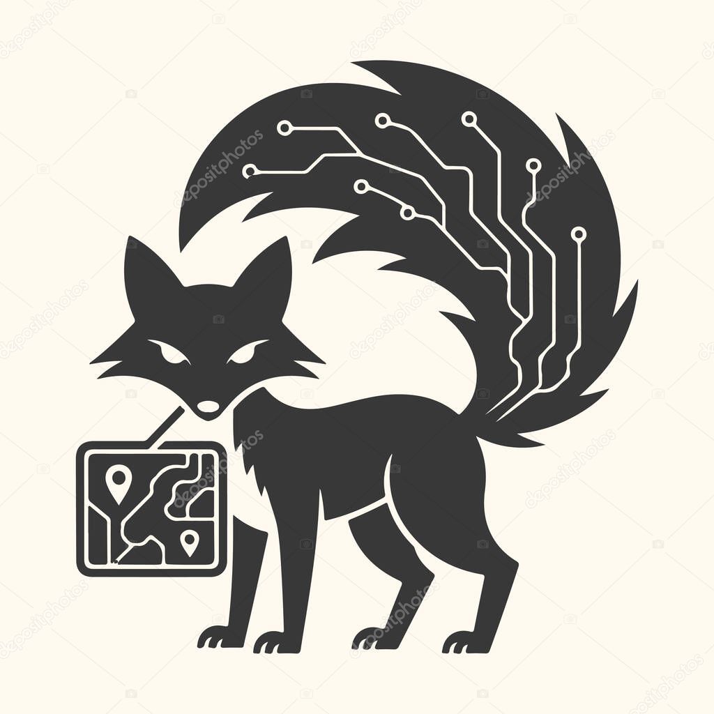 Stylized black fox with a circuit board tail and a map icon in its mouth, representing technology and navigation
