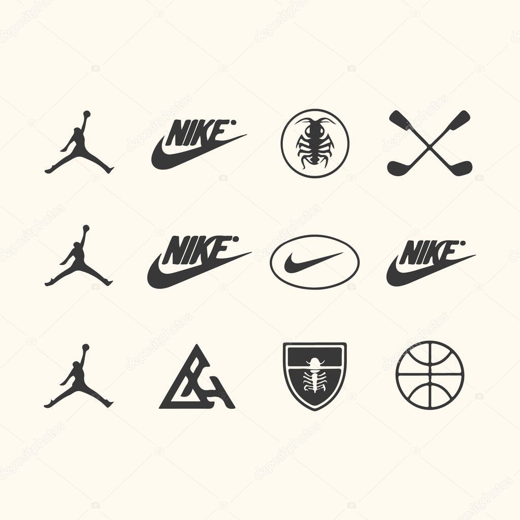 Collection of iconic sports logos and symbols including nike, jordan, and other emblems