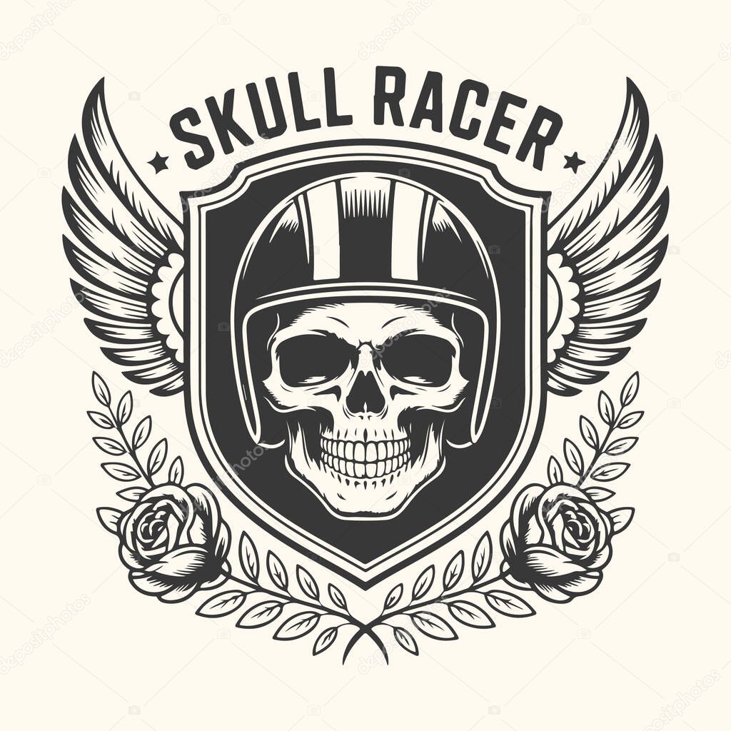 Skull racer emblem with wings and roses