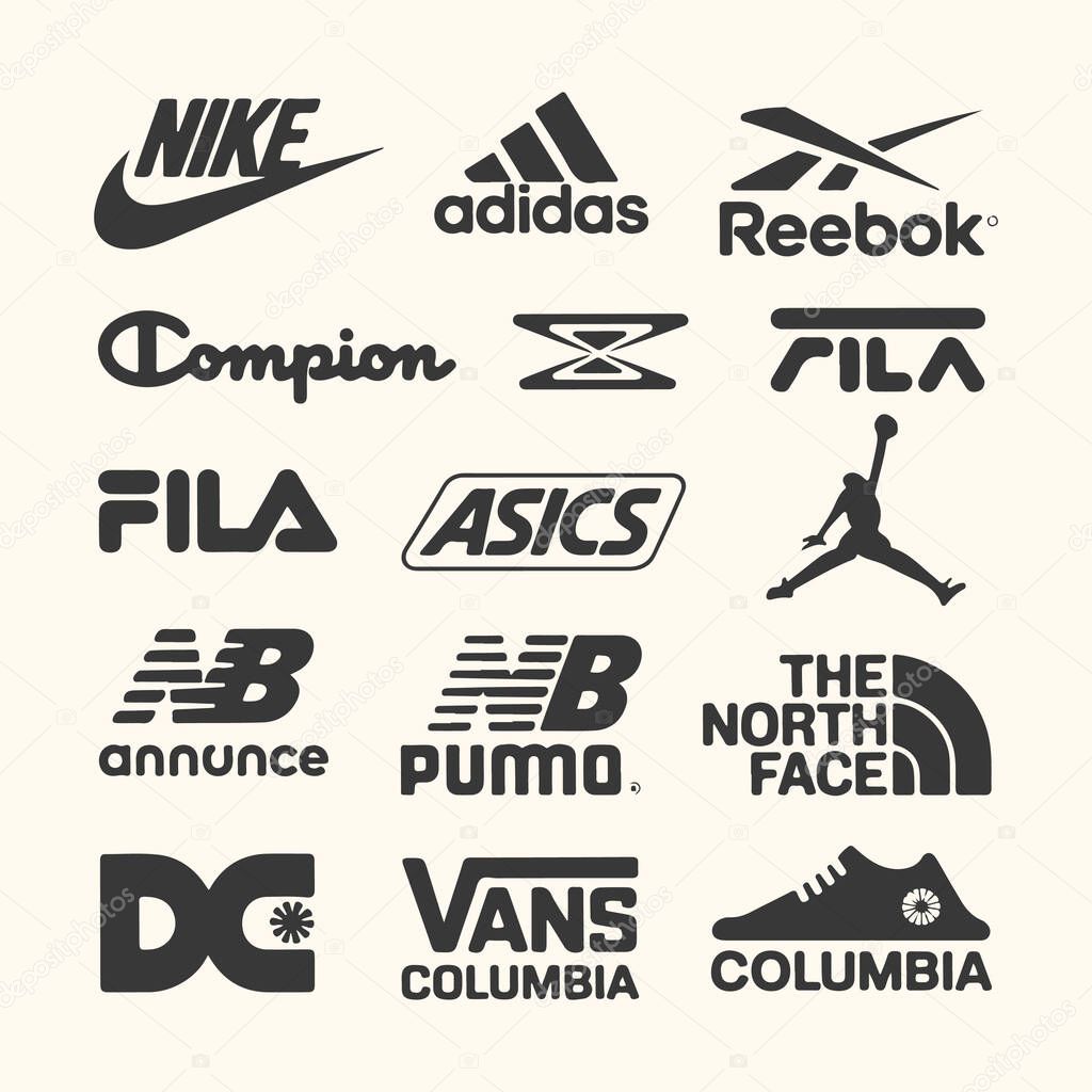 Collection of popular sportswear and fashion brand logos, including nike, adidas, reebok, puma, and more, isolated on a