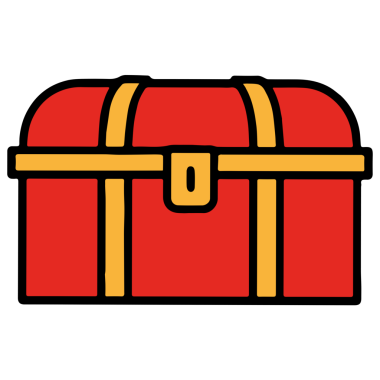 Add a pop of color to your project with this vibrant red treasure chest icon, complete with gold accents and a sleek black outline. Perfect for designs that require a touch of luxury, wealth, or adventure.