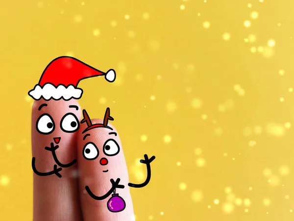 Δύο Δάχτυλα Είναι Διακοσμημένα Δύο Άτομα Γιορτάζουν Μαζί Χριστούγεννα — Φωτογραφία Αρχείου