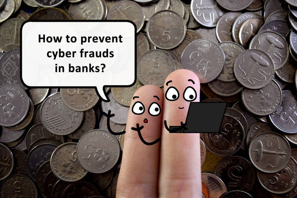 Два пальца украшены как два человека. Один из них спрашивает другого, как предотвратить кибер-мошенничество в банках.