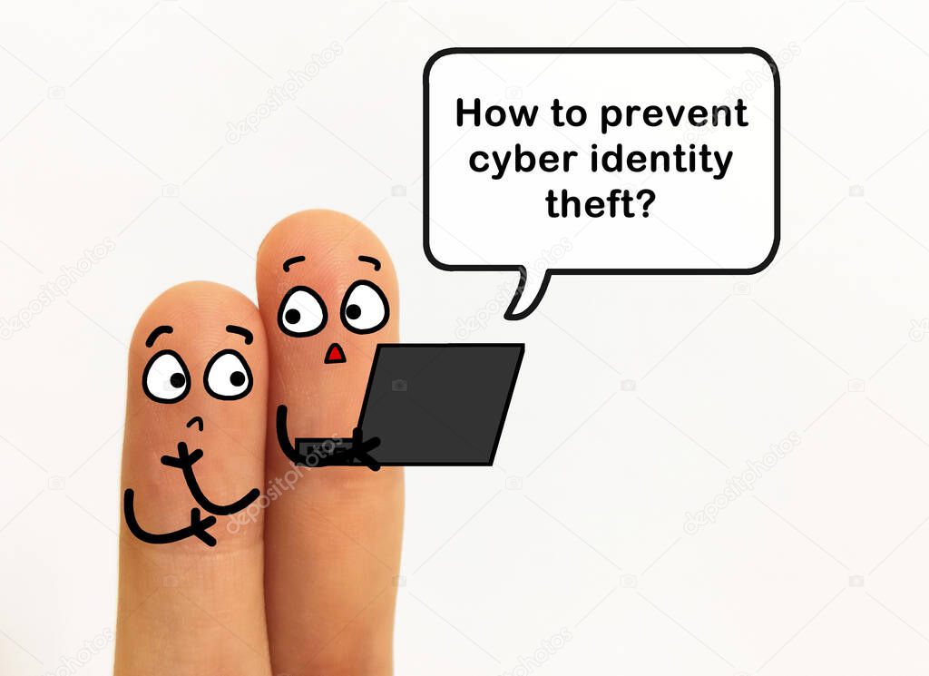 Two fingers are decorated as two person. One of them is asking another one how to stop cyber identity theft.