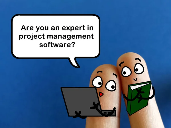 两个手指装饰成两个人 其中一个问题是问另一个人 他是否是项目管理软件的一个跟班 — 图库照片