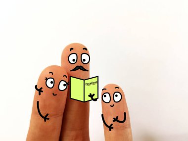 Three fingers are decorated as a family. A father is reading his child's result. clipart