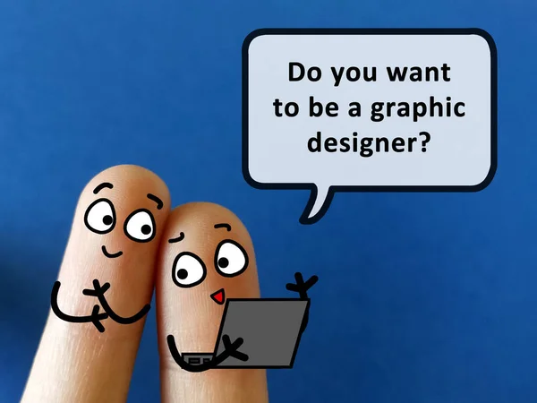 两个手指装饰成两个人 其中一个是问另一个人 他是否想成为一个平面设计师 — 图库照片