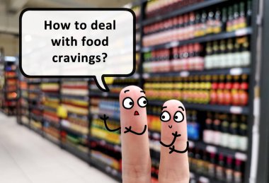 Two fingers are decorated as two person. One of them is asking another how to deal with food cravings. clipart