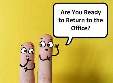 Two fingers are decorated as two person. One of them is asking  another if he is ready to return to the office. clipart