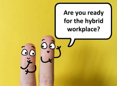 Two fingers are decorated as two person. One of them is asking  another if he is ready for the hybrid workplace. clipart