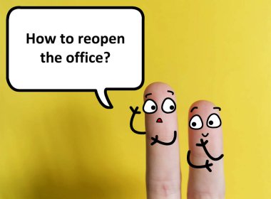 Two fingers are decorated as two person. One of them is asking  another how to reopen the office clipart
