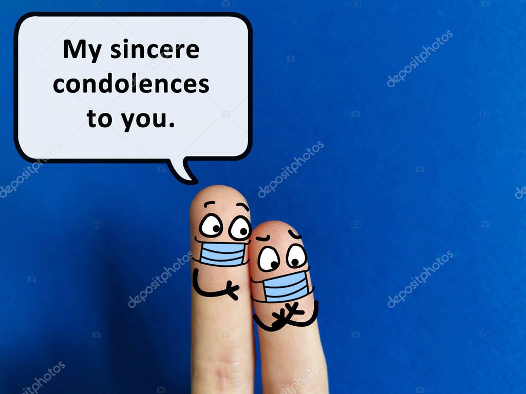 Two fingers are decorated as two person wearing mask during pandemic. One of them is telling another his sincere condolences.