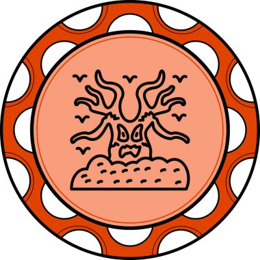 Gövdesinde tehditkar bir yüzle ürkünç eğri büğrü bir ağaç ve etrafında uçuşan kuşlar, süslü dairesel bir çerçevenin içinde. Uygulama için uygun simge.