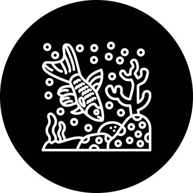 Minimalist çizgi simgesi, mercanlarla deniz suyunda yüzen uzun kuyruklu tek bir gupiyi tasvir ediyor.