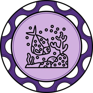 Minimalist çizgi simgesi, tek bir benekli balığın mercanlarla denizde yüzdüğünü gösteriyor.