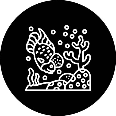 Minimalist çizimde bir Flowerhorn Cichlid Balığı bir çember içinde yüzer ve kabarcıklar oluşturur, uygulama arayüzleri için idealdir..