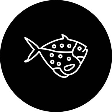 Minimalist line icon showing a single spotted fish swimming inside a solid circular border.