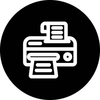 Ofis ekipmanı ve belge yazdırma hizmetlerini temsil etmek için dairesel düğme içinde kağıt sayfaları olan basit ana hat simgesi yazıcısı.