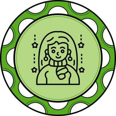 Eşarp ve küpe takan çizgi film kadını.